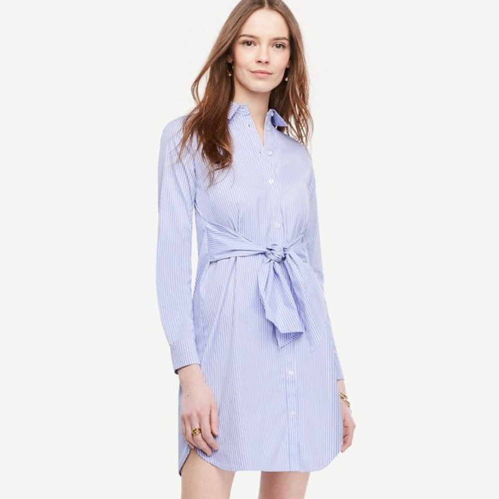 Ann Taylor Petite Tie Front Collared Shirt Dress - Blue and White Striped